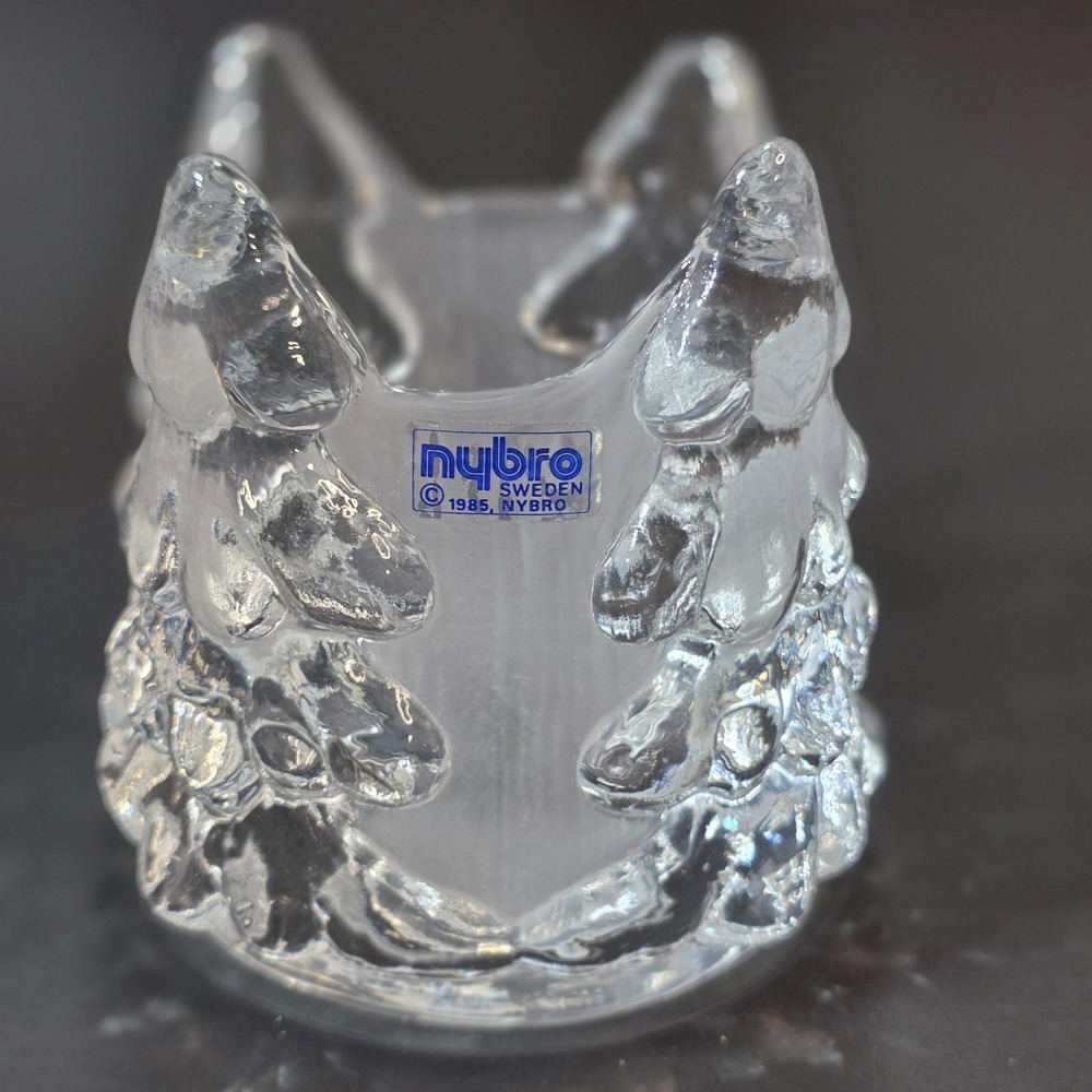 Vintage 1985 Nybro Sweden Crystal Pine Tree Frosted Votive Candle Holder Holiday